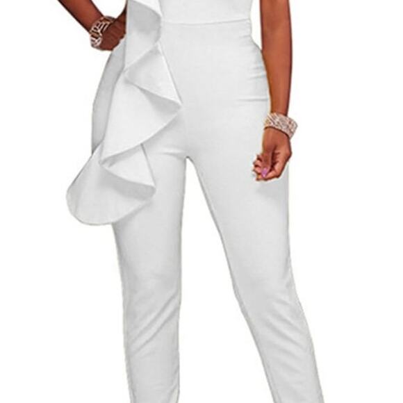 Pants - Womens Solid Color Ruffle Halter Jumpsuit Off Shoulder Slim Fit Bodycon Playsuit